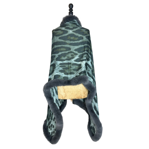 Deep Storm Grey Leopard Print Faux Fur Statement Scarf
