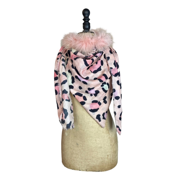 Large Square Leopard Print Scarf with Central Fur