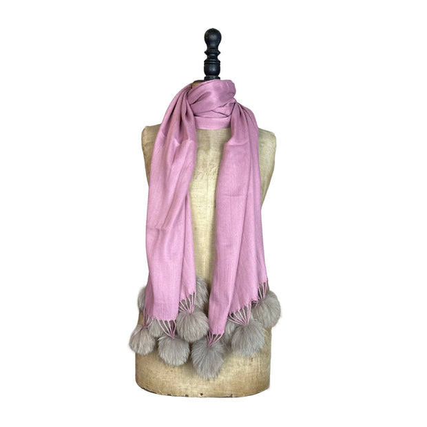 Fine Wool & Silk Blend Fine scarf with Real Fur PomPoms