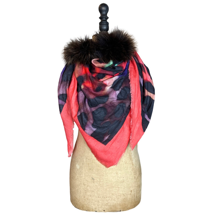 Large Square Leopard Print Scarf with Central Fur