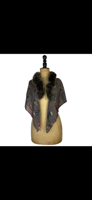 Feather Print Silk & Cashmere Scarf with Central Fur