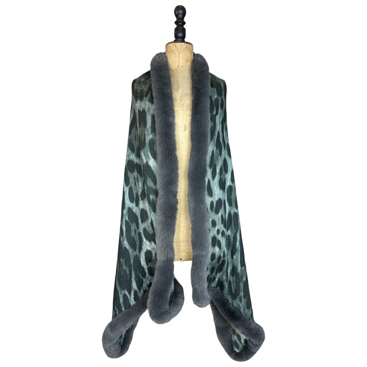 Deep Storm Grey Leopard Print Faux Fur Statement Scarf