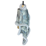 Steel Feather Print Scarf with Dove Grey Faux Fur Trim