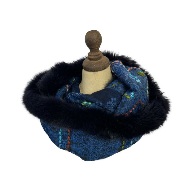 Embroidered Wool Infinity Loop Snood with Fur Trim