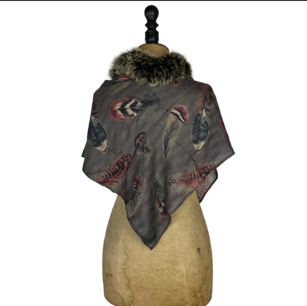 Feather Print Silk & Cashmere Scarf with Central Fur