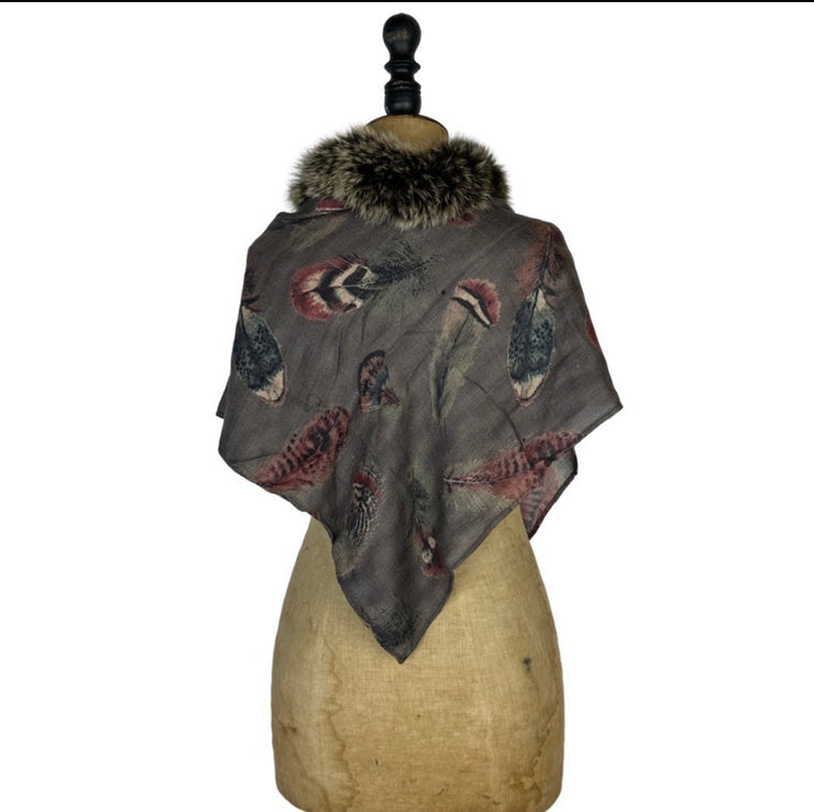 Feather Print Silk & Cashmere Scarf with Central Fur