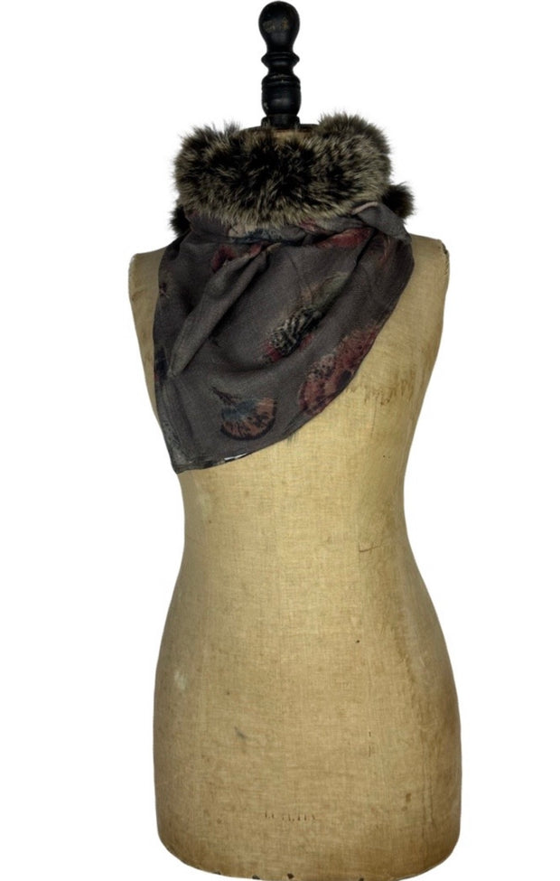 Feather Print Silk & Cashmere Scarf with Central Fur