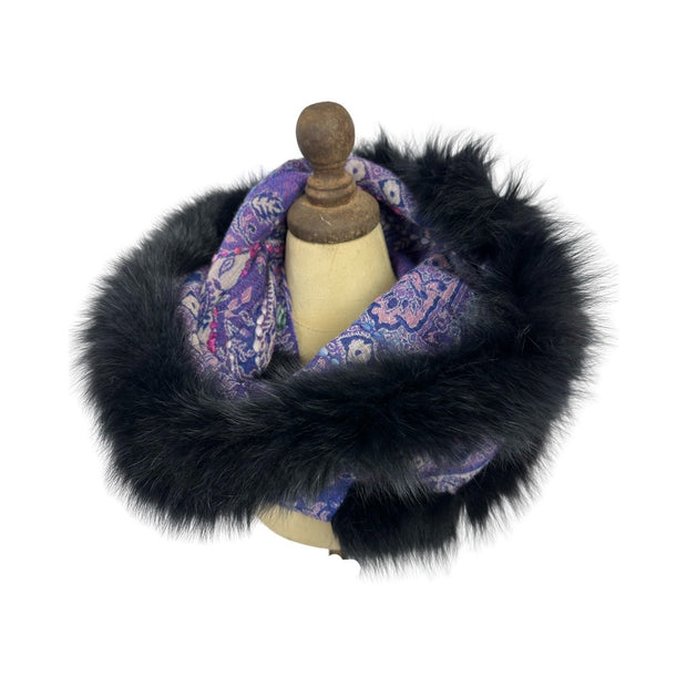 Embroidered Wool Infinity Loop Snood with Fur Trim