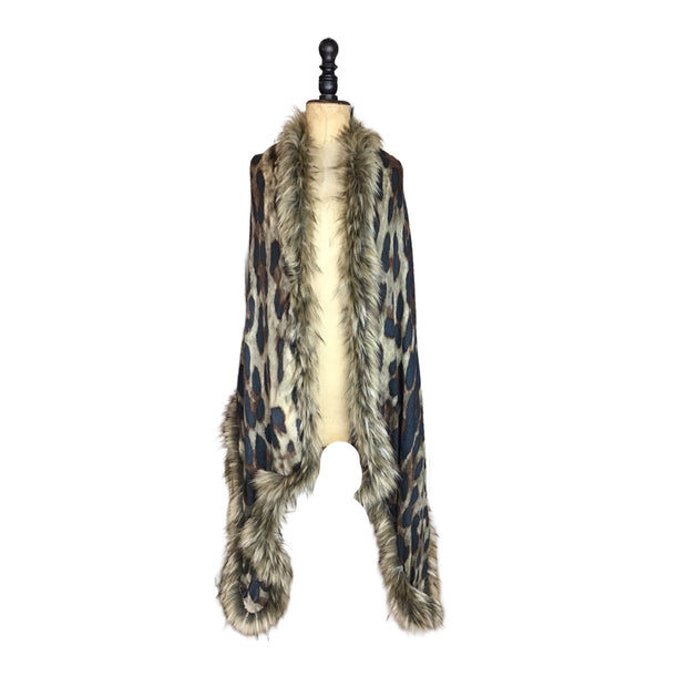 Brown Leopard Print Scarf with Natural Faux Fur Trim