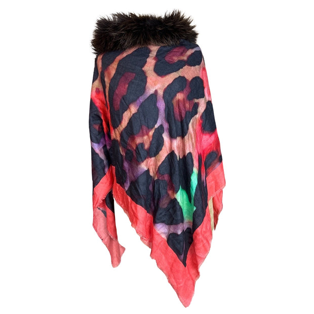 Large Square Leopard Print Scarf with Central Fur