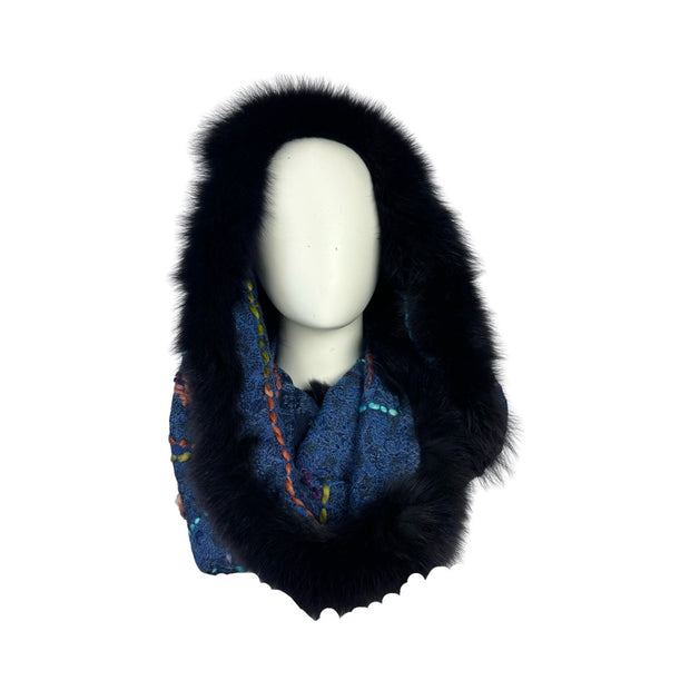 Embroidered Wool Infinity Loop Snood with Fur Trim