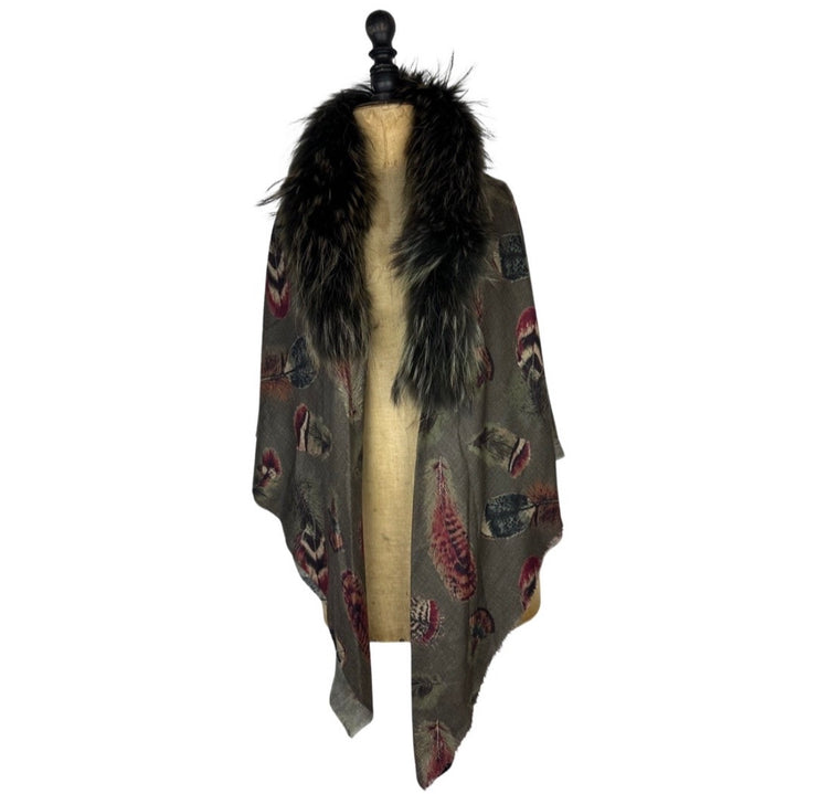 Feather Print Silk & Cashmere Scarf with Central Fur