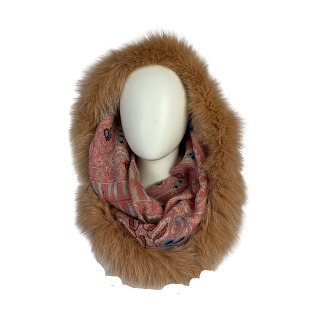 Embroidered Wool Infinity Loop Snood with Fur Trim