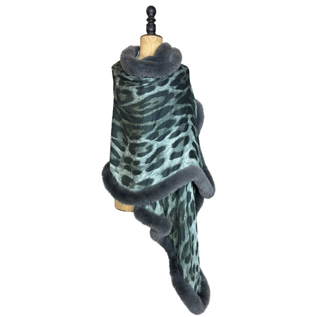Deep Storm Grey Leopard Print Faux Fur Statement Scarf