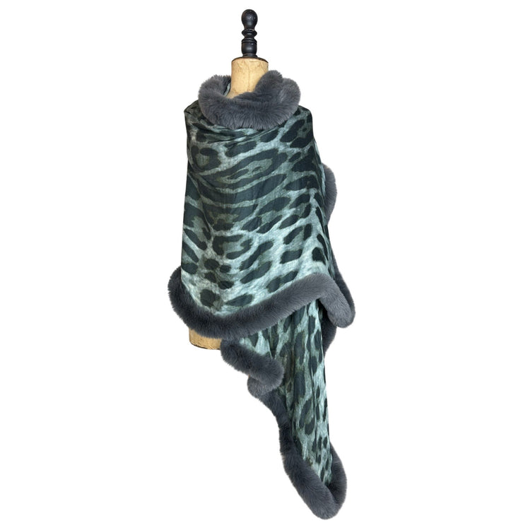 Deep Storm Grey Leopard Print Faux Fur Statement Scarf