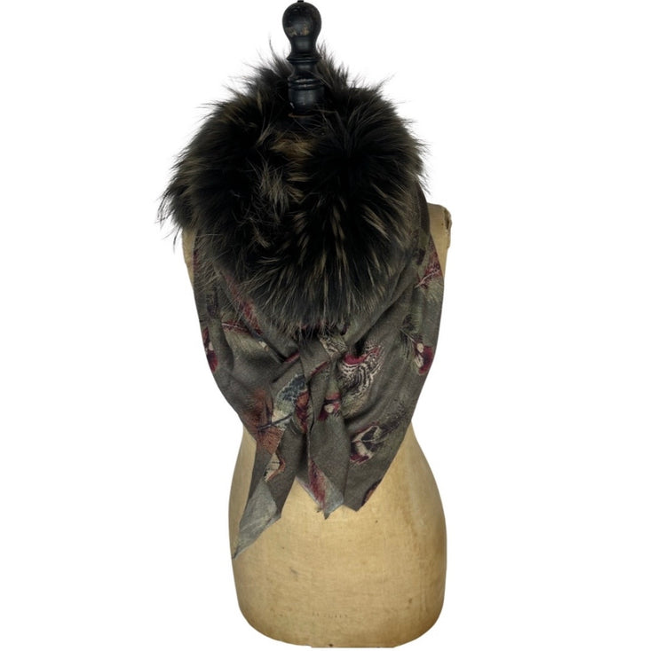 Feather Print Silk & Cashmere Scarf with Central Fur