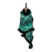 Enchanted Plumes: Green /Blue Feather Design Scarf with Full Fur Trim