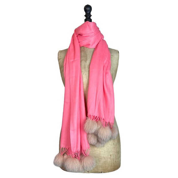 Fine Wool & Silk Blend Fine scarf with Real Fur PomPoms