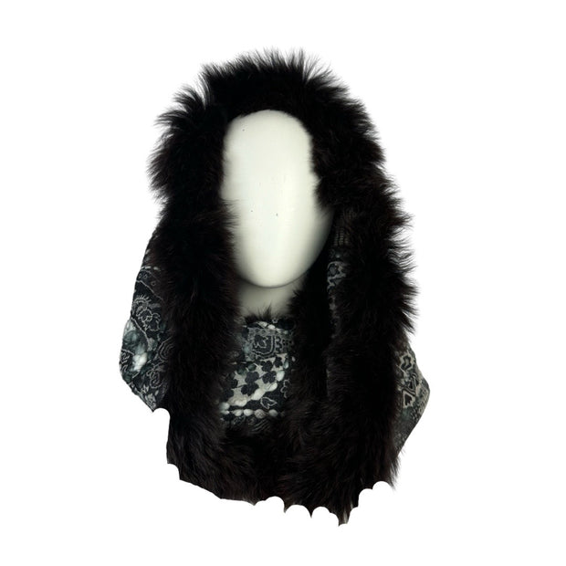 Embroidered Wool Infinity Loop Snood with Fur Trim