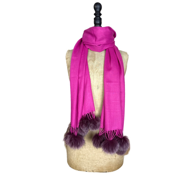 Fine Wool & Silk Blend Fine scarf with Real Fur PomPoms