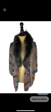 Feather Print Silk & Cashmere Scarf with Central Fur