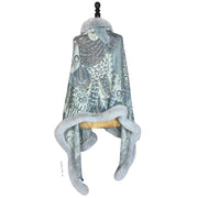 Steel Feather Print Scarf with Dove Grey Faux Fur Trim
