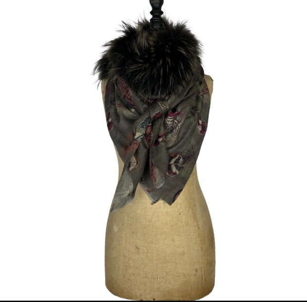 Feather Print Silk & Cashmere Scarf with Central Fur