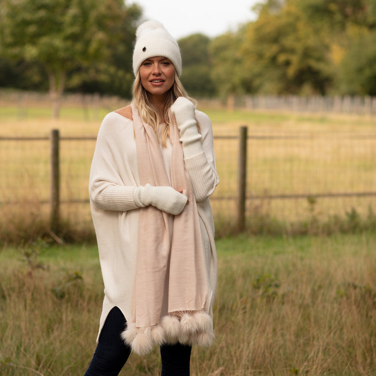 Fine Wool & Silk Blend Fine scarf with Real Fur PomPoms