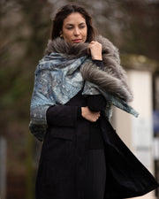 Silk & Wool Grey Feather Printed Shawl with Central Fur and Frayed Edge