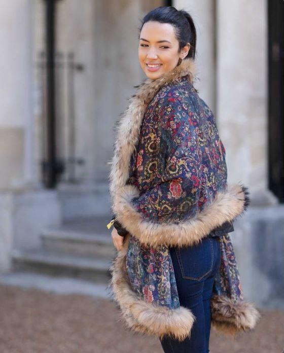 Moroccan Floral Print Scarf with Fur Trim