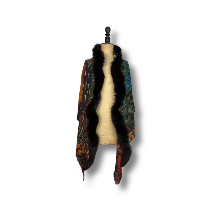 Pheasant Print Square Scarf with Central Fur