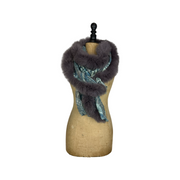 Silk & Wool Grey Feather Printed Shawl with Central Fur and Frayed Edge