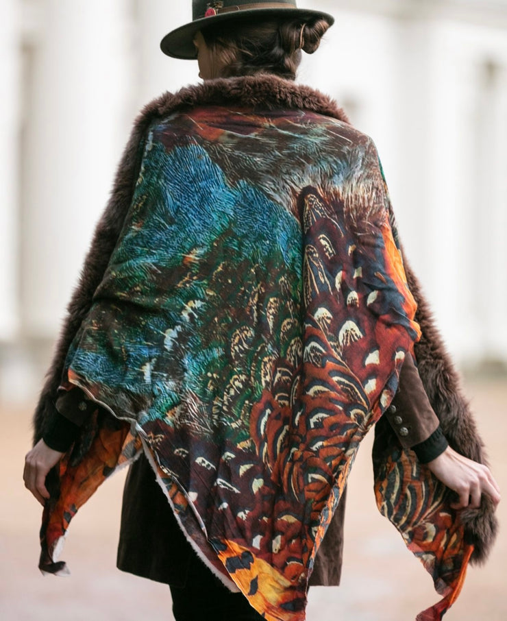 Pheasant Print Square Scarf with Central Fur