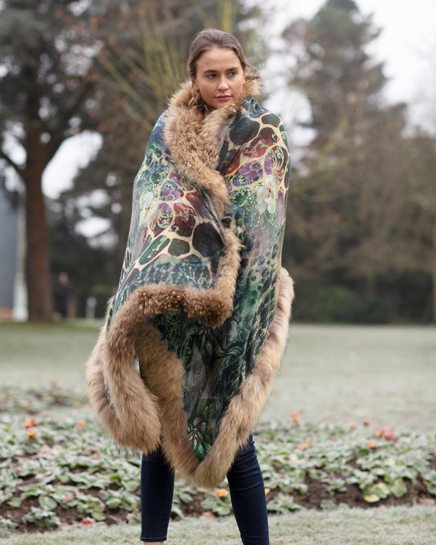 Wild and Floral Print Scarf with Fur Trim